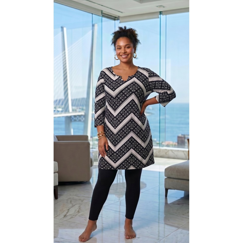 Womens Black White 3/4 Sleeve Chevron Print Stretch Dress 18W Boho Career Casual